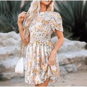 Floral Print Short Sleeve Flared Midi Dress Bohemian Round Neck Puff Sleeves M